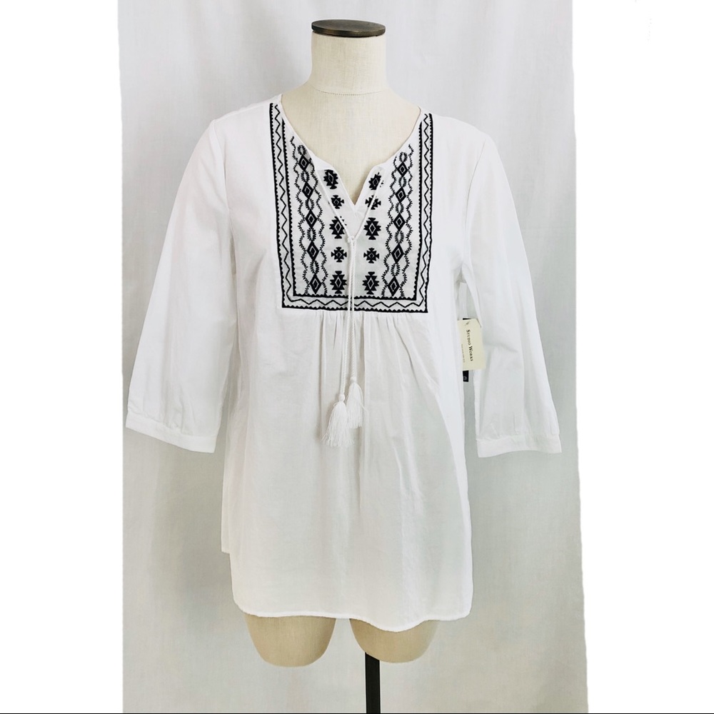 Studio Works Tunic Top Embroidered White Cotton with Tassles Large